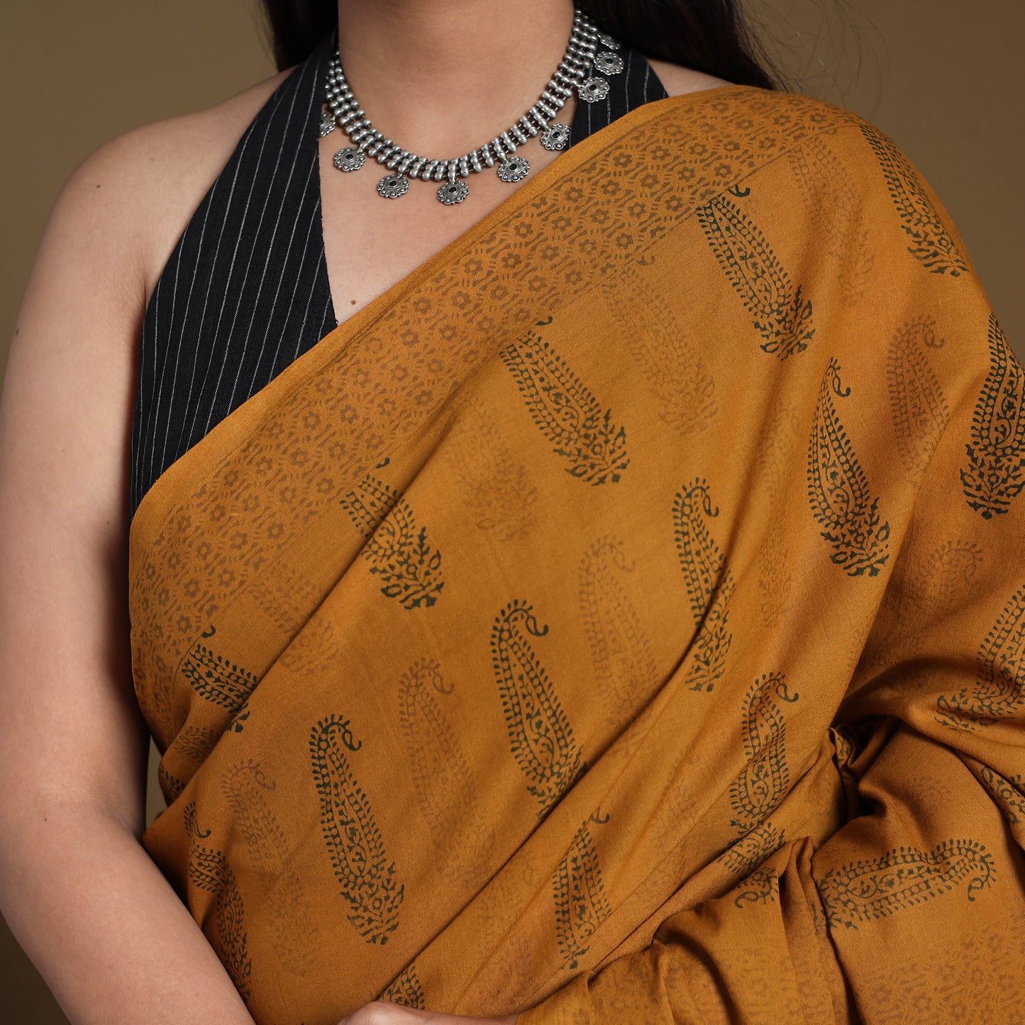 Orange Block Print Natural Dyed Cotton Bagh Saree