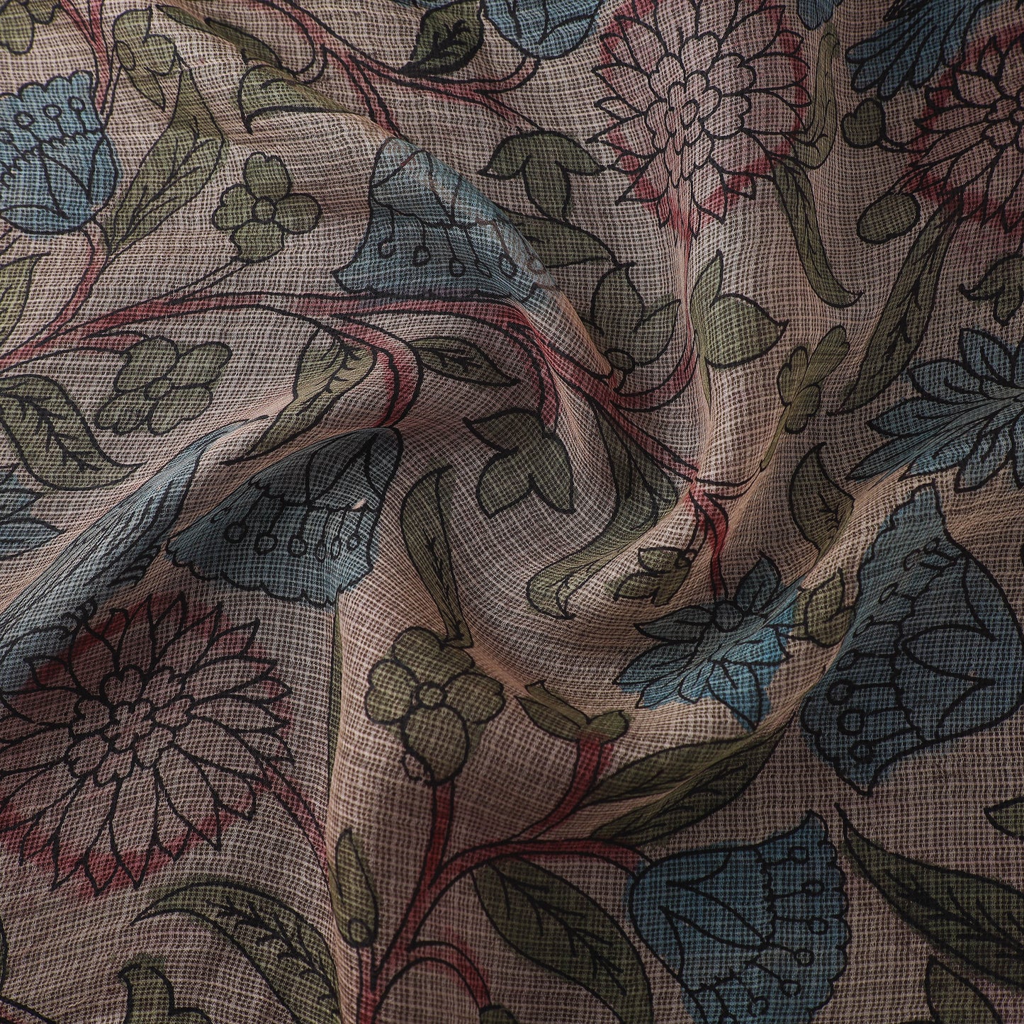 Beige - Srikalahasti Pen Work Natural Dyed Handpainted Kalamkari Kota Doria Silk Fabric 07