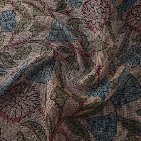 Beige - Srikalahasti Pen Work Natural Dyed Handpainted Kalamkari Kota Doria Silk Fabric 07