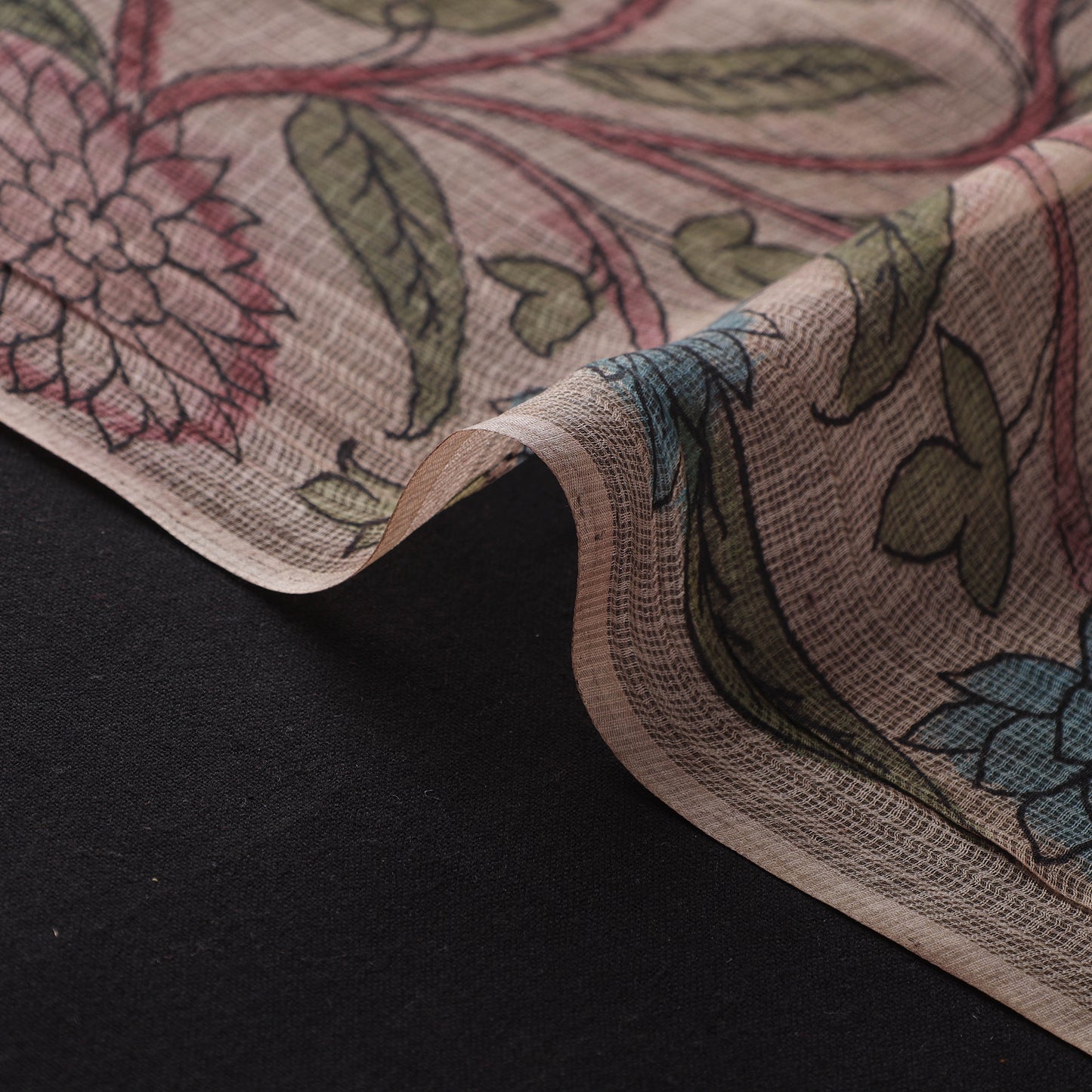 Beige - Srikalahasti Pen Work Natural Dyed Handpainted Kalamkari Kota Doria Silk Fabric 07