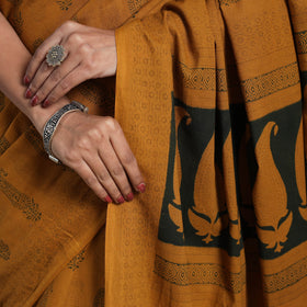 Orange Block Print Natural Dyed Cotton Bagh Saree