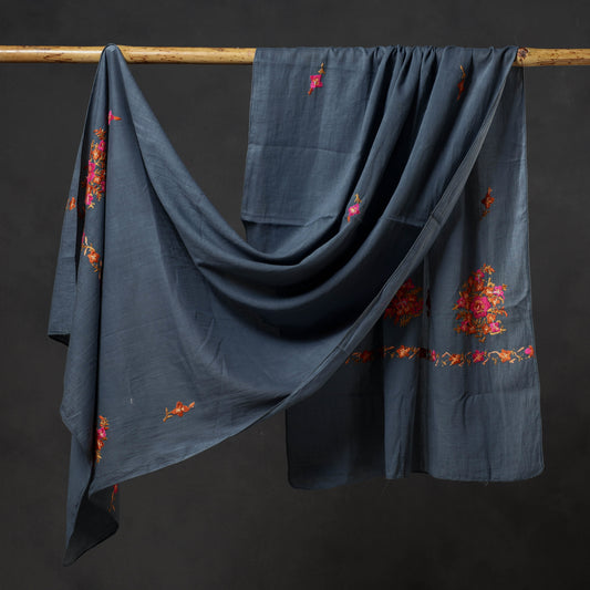 Grey - Kashidakari Hand Embroidery Cotton Stole