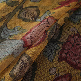 Yellow - Srikalahasti Pen Work Natural Dyed Handpainted Kalamkari Kota Doria Silk Fabric 08