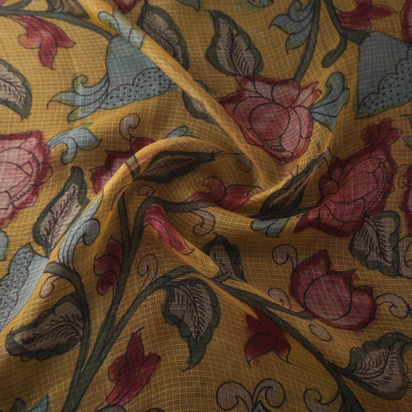Yellow - Srikalahasti Pen Work Natural Dyed Handpainted Kalamkari Kota Doria Silk Fabric 08
