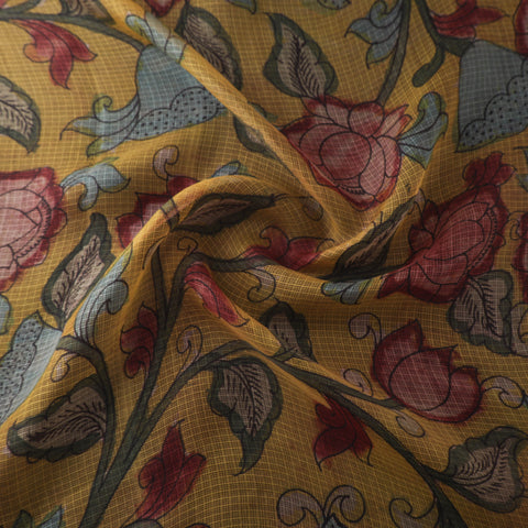 Yellow - Srikalahasti Pen Work Natural Dyed Handpainted Kalamkari Kota Doria Silk Fabric 08