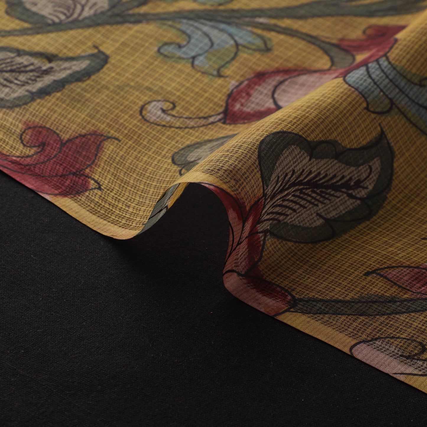 Yellow - Srikalahasti Pen Work Natural Dyed Handpainted Kalamkari Kota Doria Silk Fabric 08