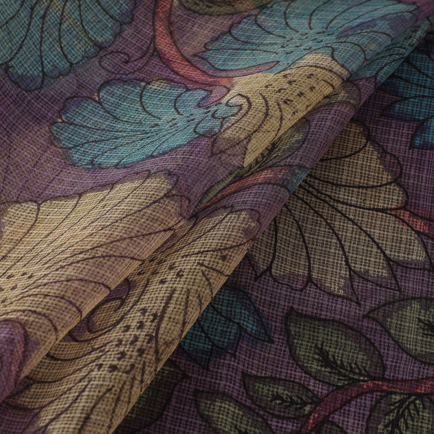 Purple - Srikalahasti Pen Work Natural Dyed Handpainted Kalamkari Kota Doria Silk Fabric 09