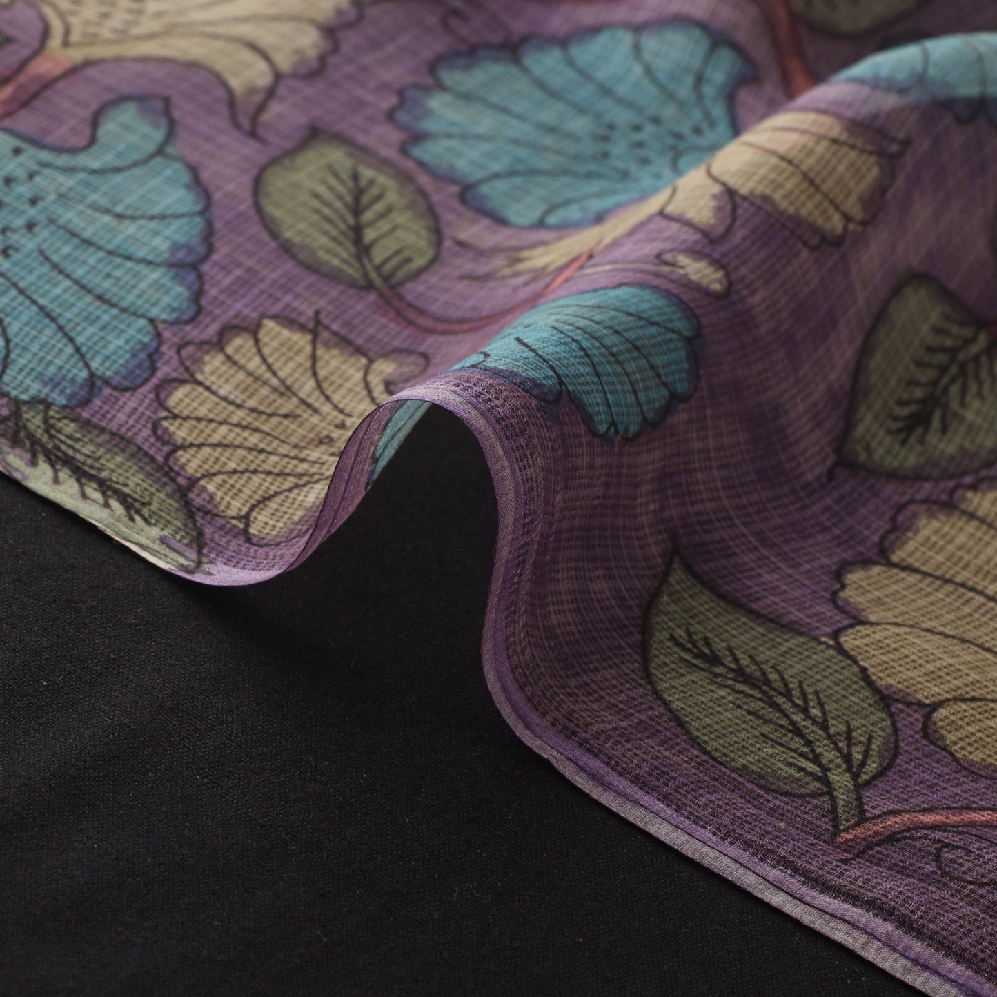 Purple - Srikalahasti Pen Work Natural Dyed Handpainted Kalamkari Kota Doria Silk Fabric 09