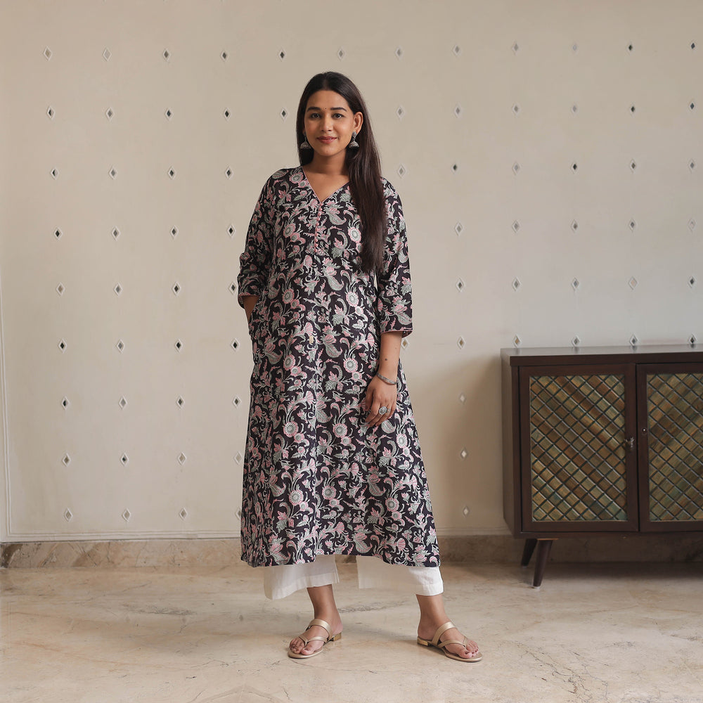 Black - Sanganeri Block Printed Cotton Long A-Line Kurta