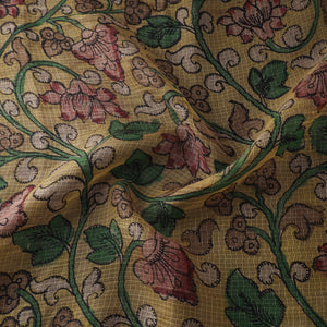 Yellow - Srikalahasti Pen Work Natural Dyed Handpainted Kalamkari Kota Doria Silk Fabric 10