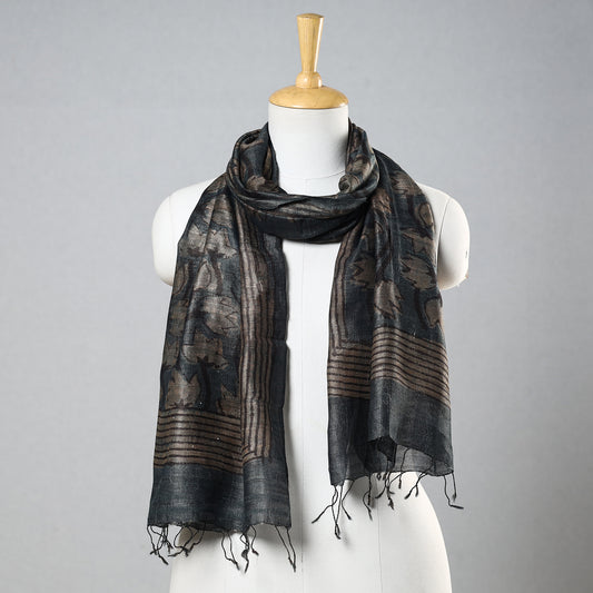 Black - Bindaas Block Printed Natural Dyed Tussar Silk Handloom Stole
