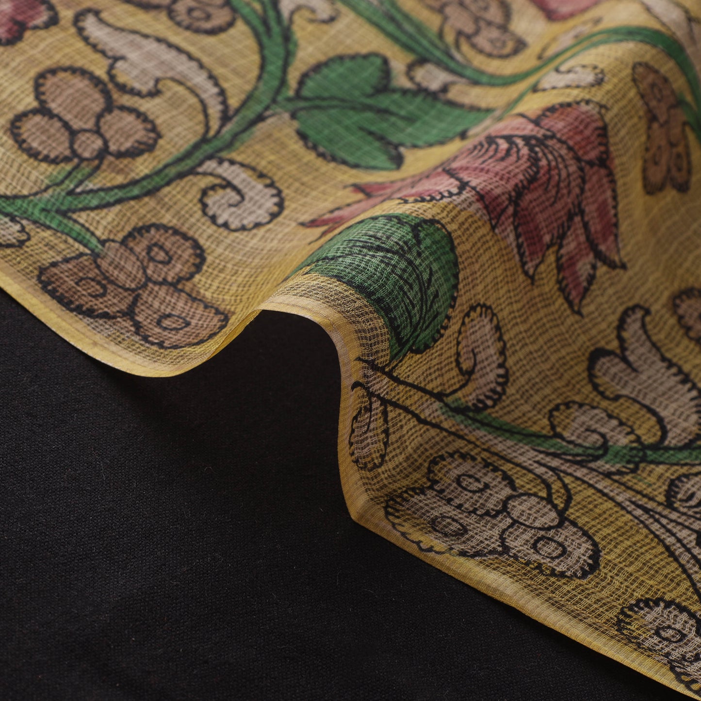 Yellow - Srikalahasti Pen Work Natural Dyed Handpainted Kalamkari Kota Doria Silk Fabric 10