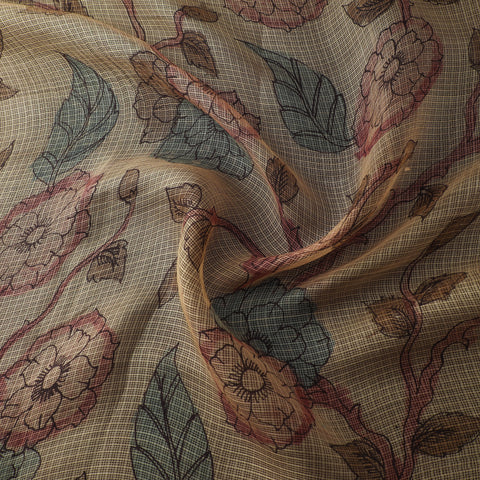 Beige - Srikalahasti Pen Work Natural Dyed Handpainted Kalamkari Kota Doria Silk Fabric 12