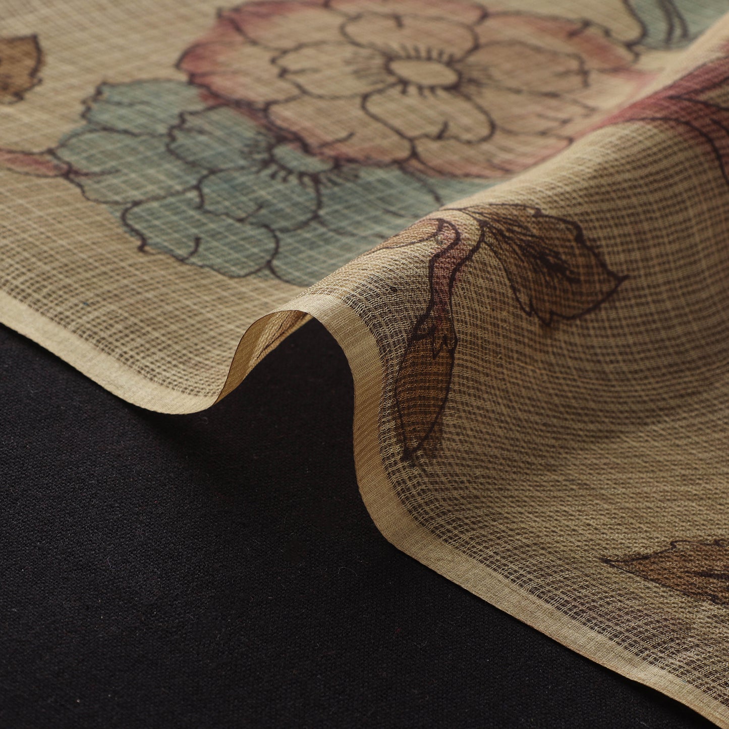 Beige - Srikalahasti Pen Work Natural Dyed Handpainted Kalamkari Kota Doria Silk Fabric 12