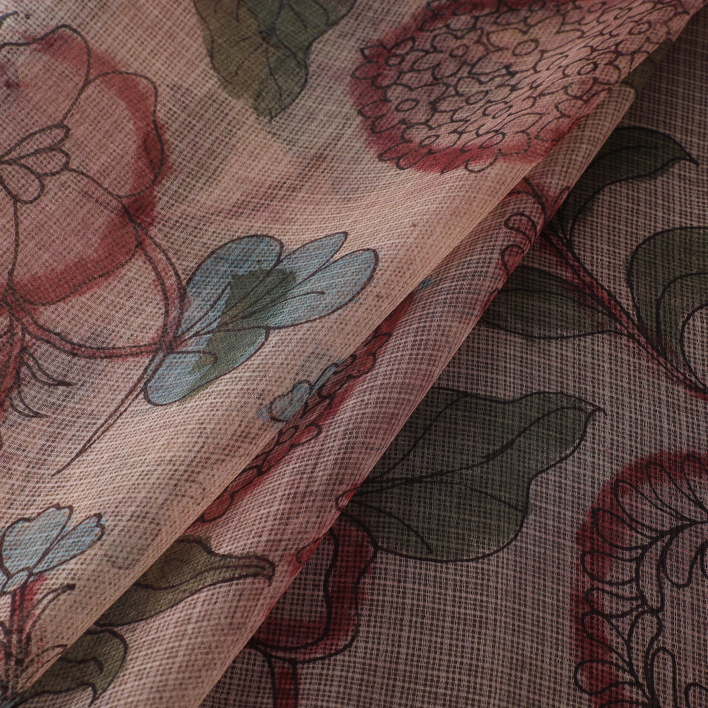 Beige - Srikalahasti Pen Work Natural Dyed Handpainted Kalamkari Kota Doria Silk Fabric 13