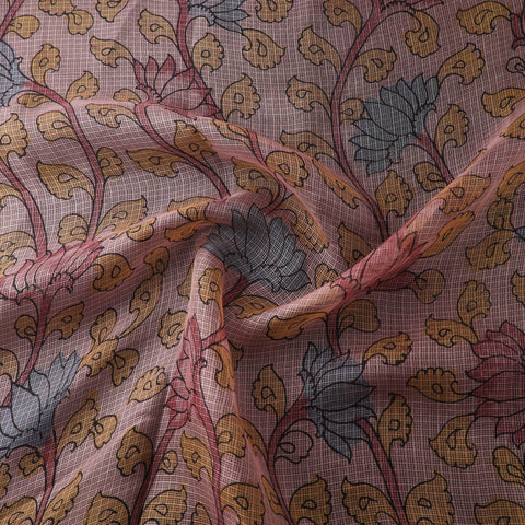 Pink - Srikalahasti Pen Work Natural Dyed Handpainted Kalamkari Kota Doria Silk Fabric 14