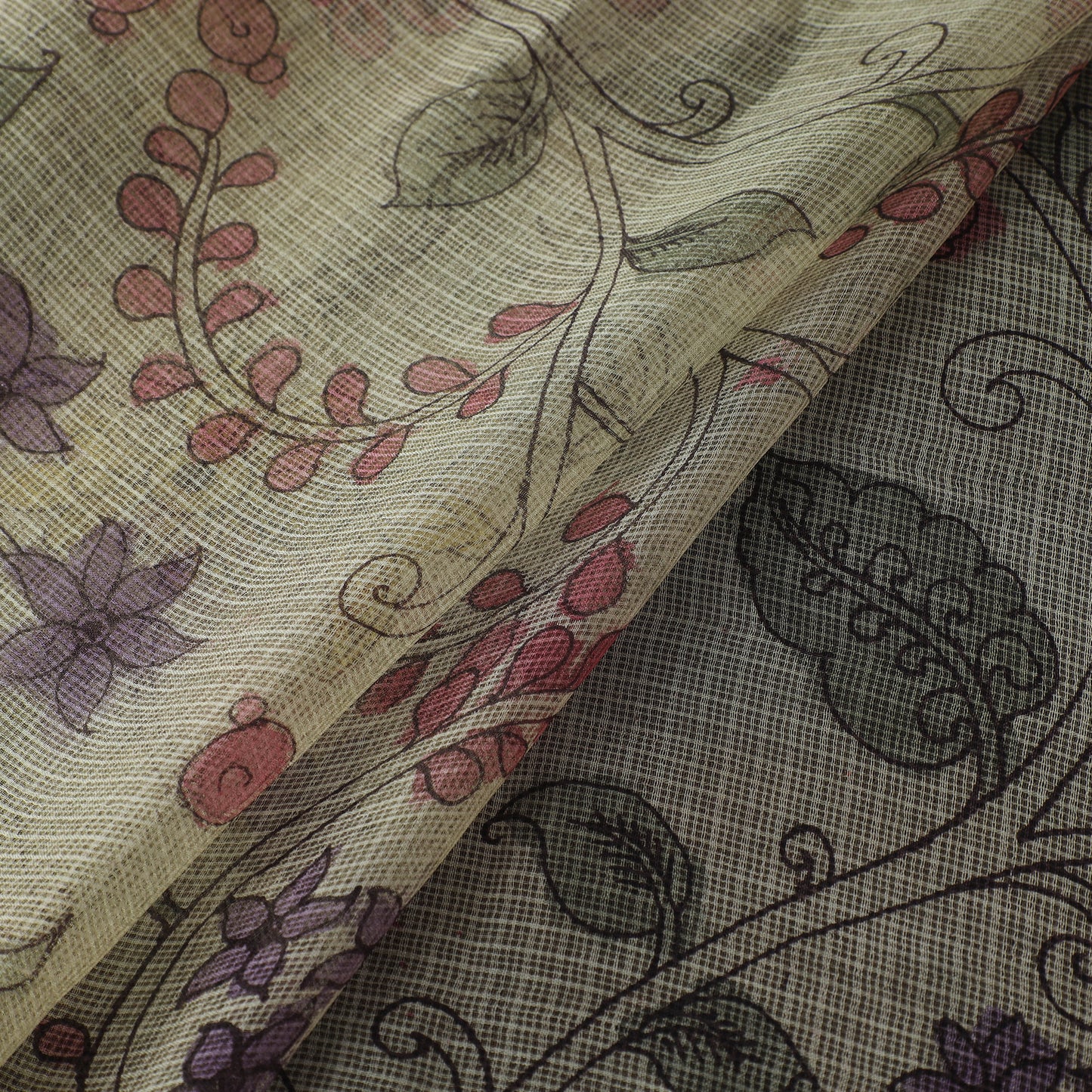 Beige - Srikalahasti Pen Work Natural Dyed Handpainted Kalamkari Kota Doria Silk Fabric 15