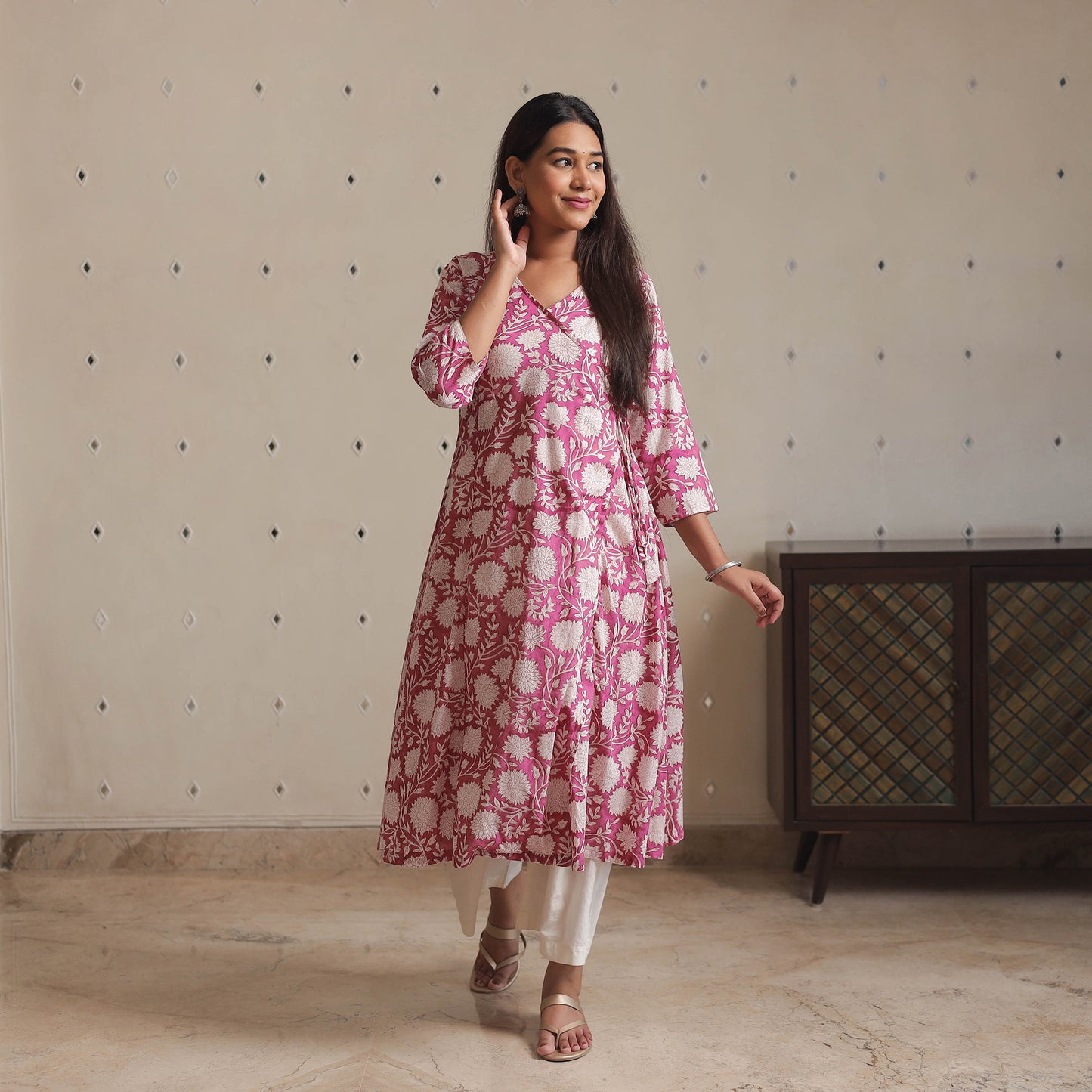 Pink - Sanganeri Block Printed Mul Cotton A-Line Kurta