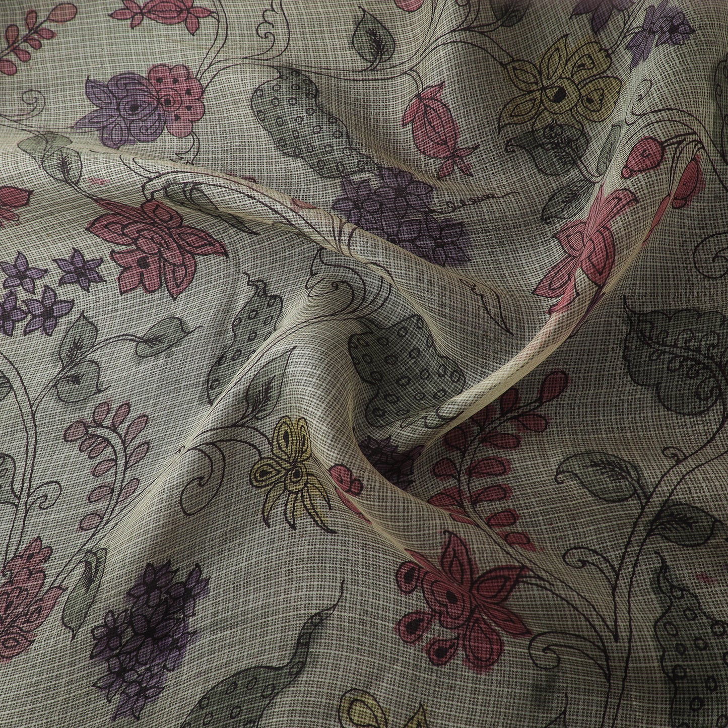 Beige - Srikalahasti Pen Work Natural Dyed Handpainted Kalamkari Kota Doria Silk Fabric 15