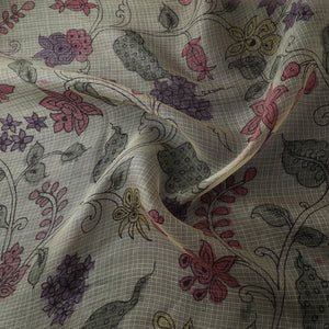 Beige - Srikalahasti Pen Work Natural Dyed Handpainted Kalamkari Kota Doria Silk Fabric 15