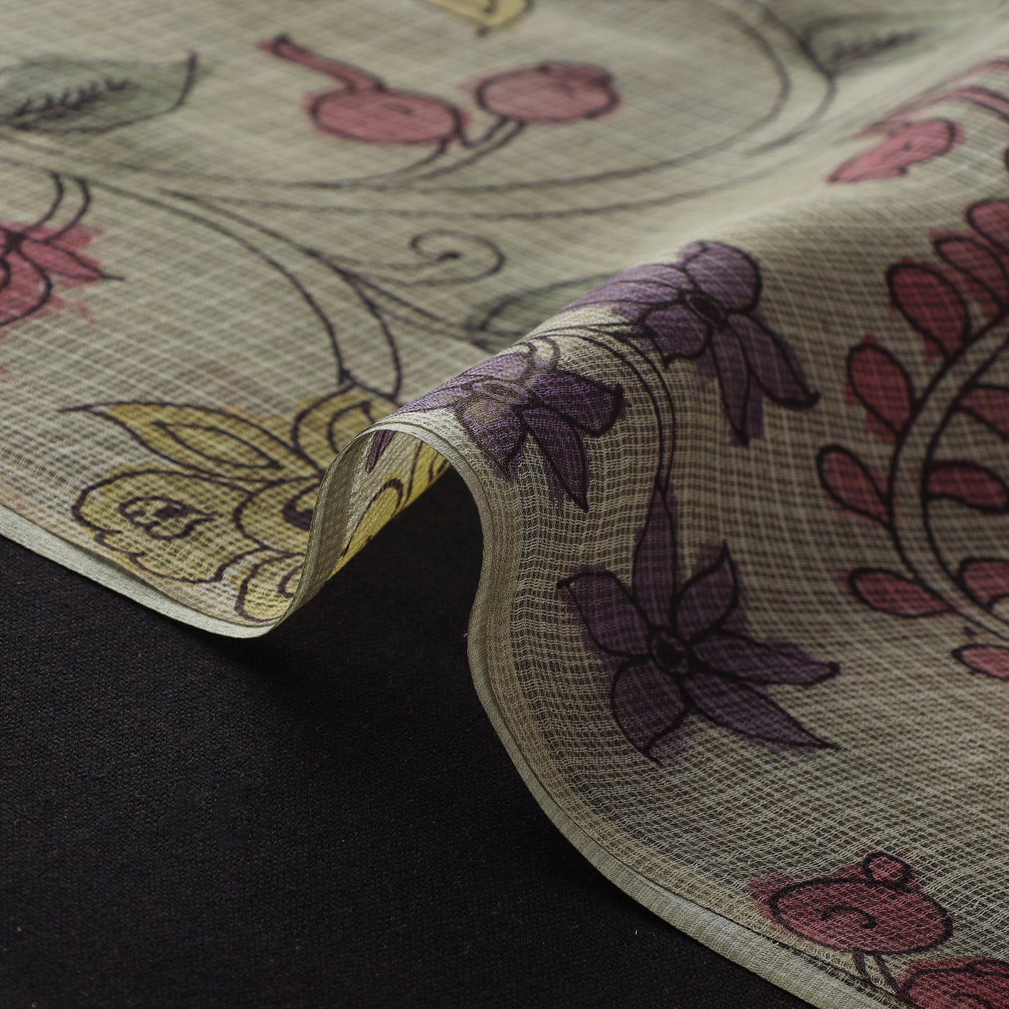 Beige - Srikalahasti Pen Work Natural Dyed Handpainted Kalamkari Kota Doria Silk Fabric 15
