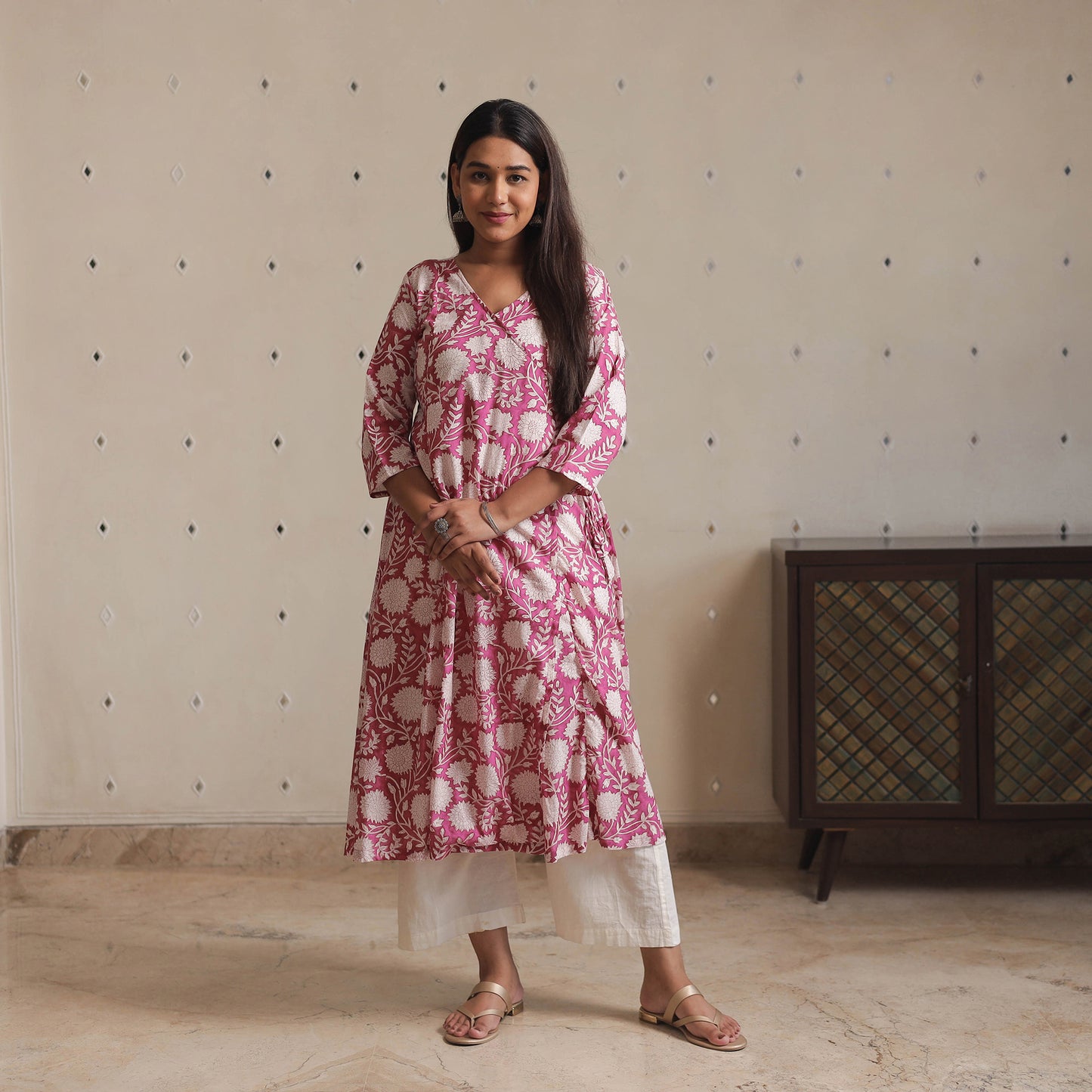 Pink - Sanganeri Block Printed Mul Cotton A-Line Kurta