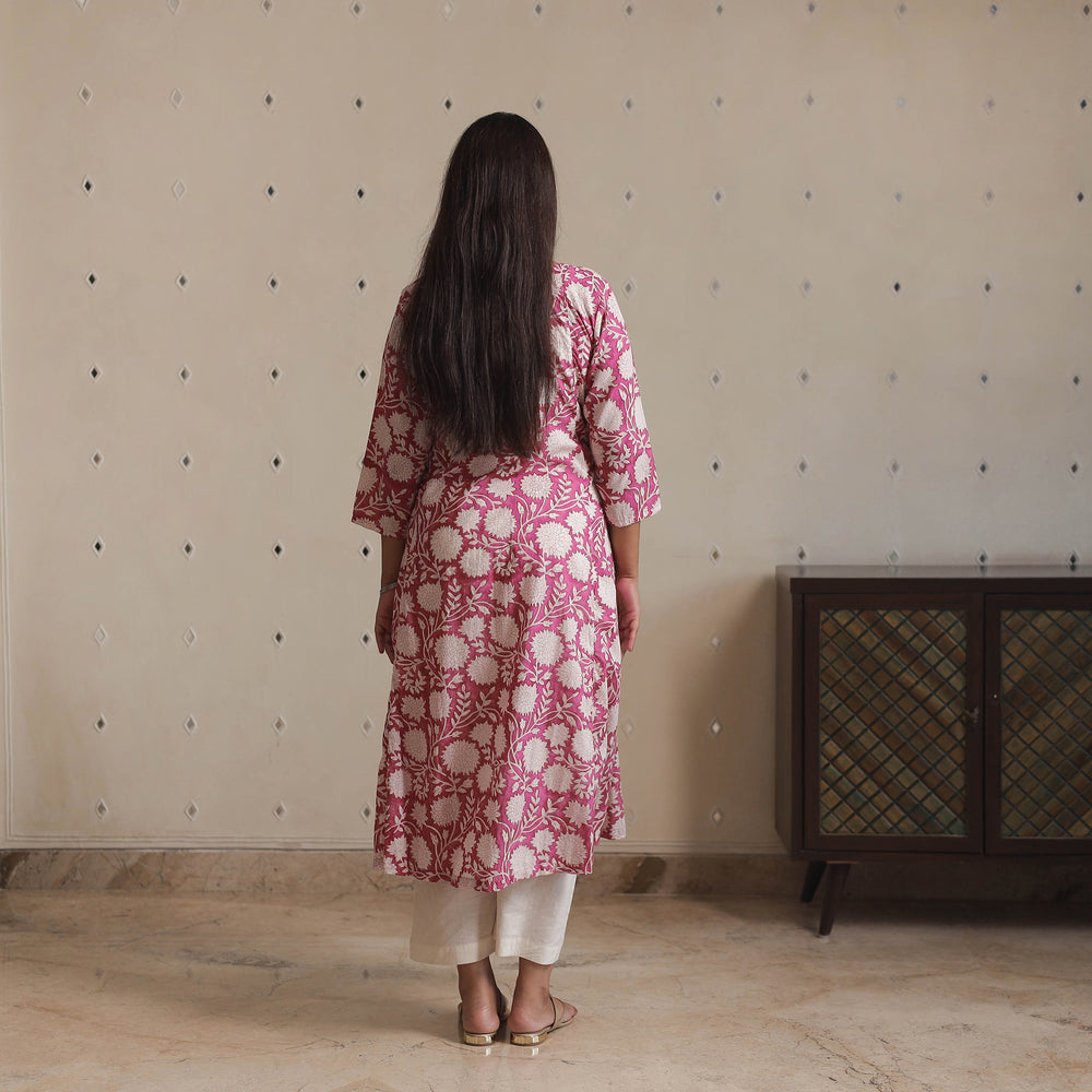 Pink - Sanganeri Block Printed Mul Cotton A-Line Kurta