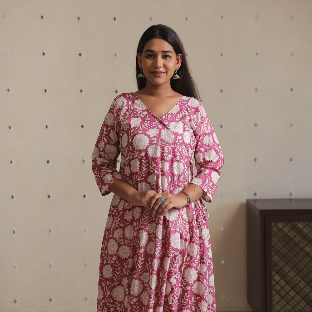 Pink - Sanganeri Block Printed Mul Cotton A-Line Kurta