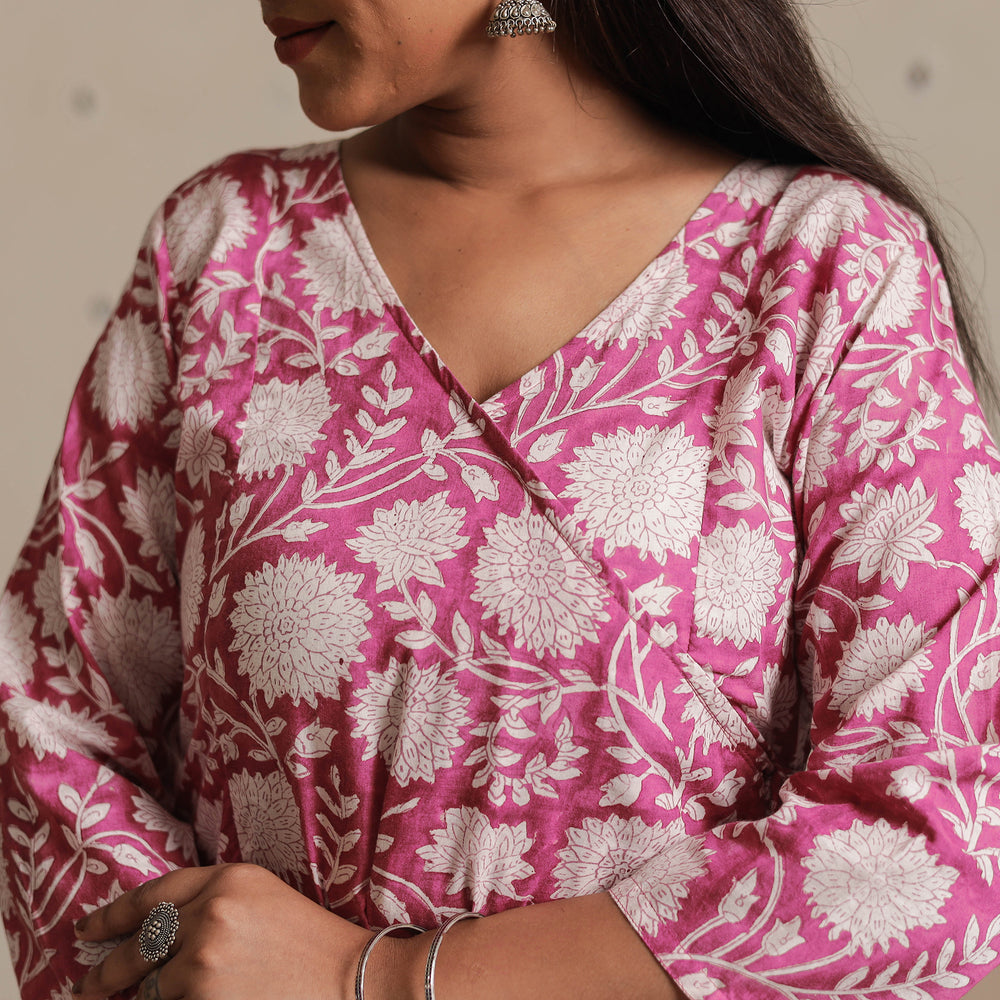 Pink - Sanganeri Block Printed Mul Cotton A-Line Kurta