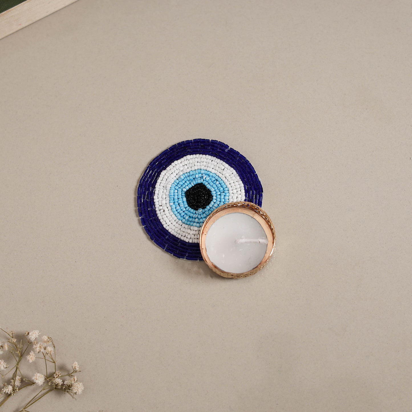 Hand embroidered evil eye beaded tealight candle holder 05