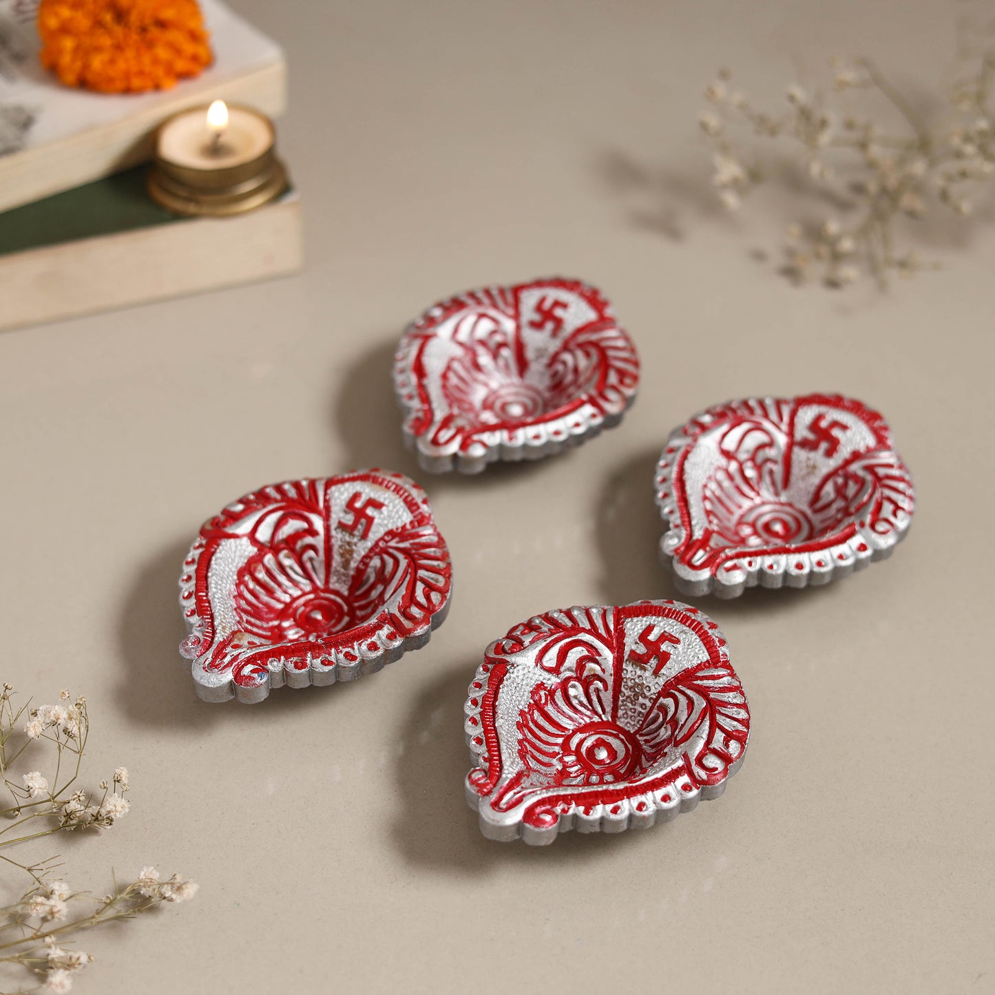 Decorative handpainted clay diya (set of 4) 02 - handcrafted