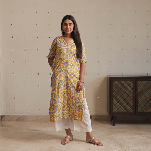 Yellow - Sanganeri Block Printed Cotton Long Straight Kurta