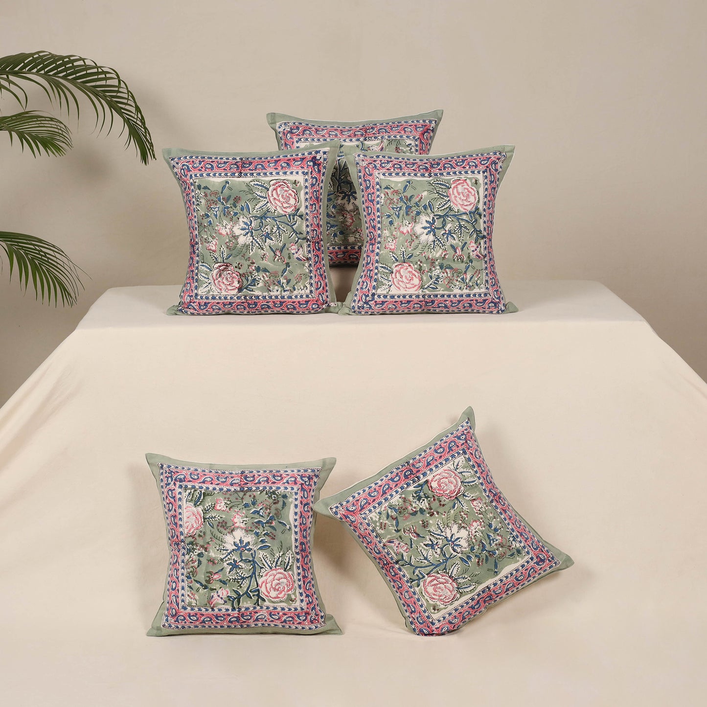 Green - cotton sanganeri floral cushion cover (set of 5) 23