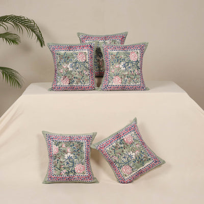 Green - cotton sanganeri floral cushion cover (set of 5) 23