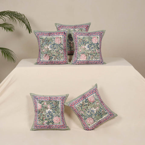 Green - cotton sanganeri floral cushion cover (set of 5) 23