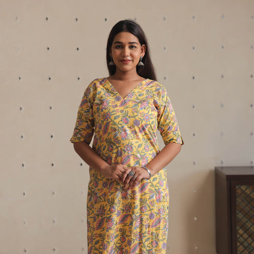 Yellow - Sanganeri Block Printed Cotton Long Straight Kurta