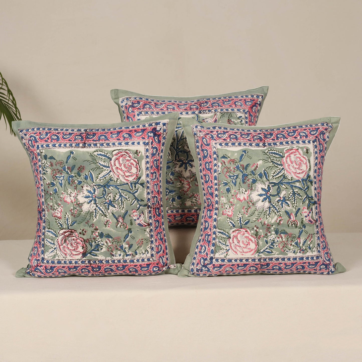 Green - cotton sanganeri floral cushion cover (set of 5) 23