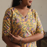 Yellow - Sanganeri Block Printed Cotton Long Straight Kurta