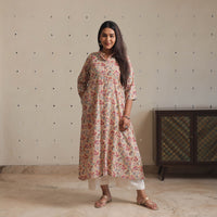 Brown - Sanganeri Block Printed Cotton A-Line Long Kurta