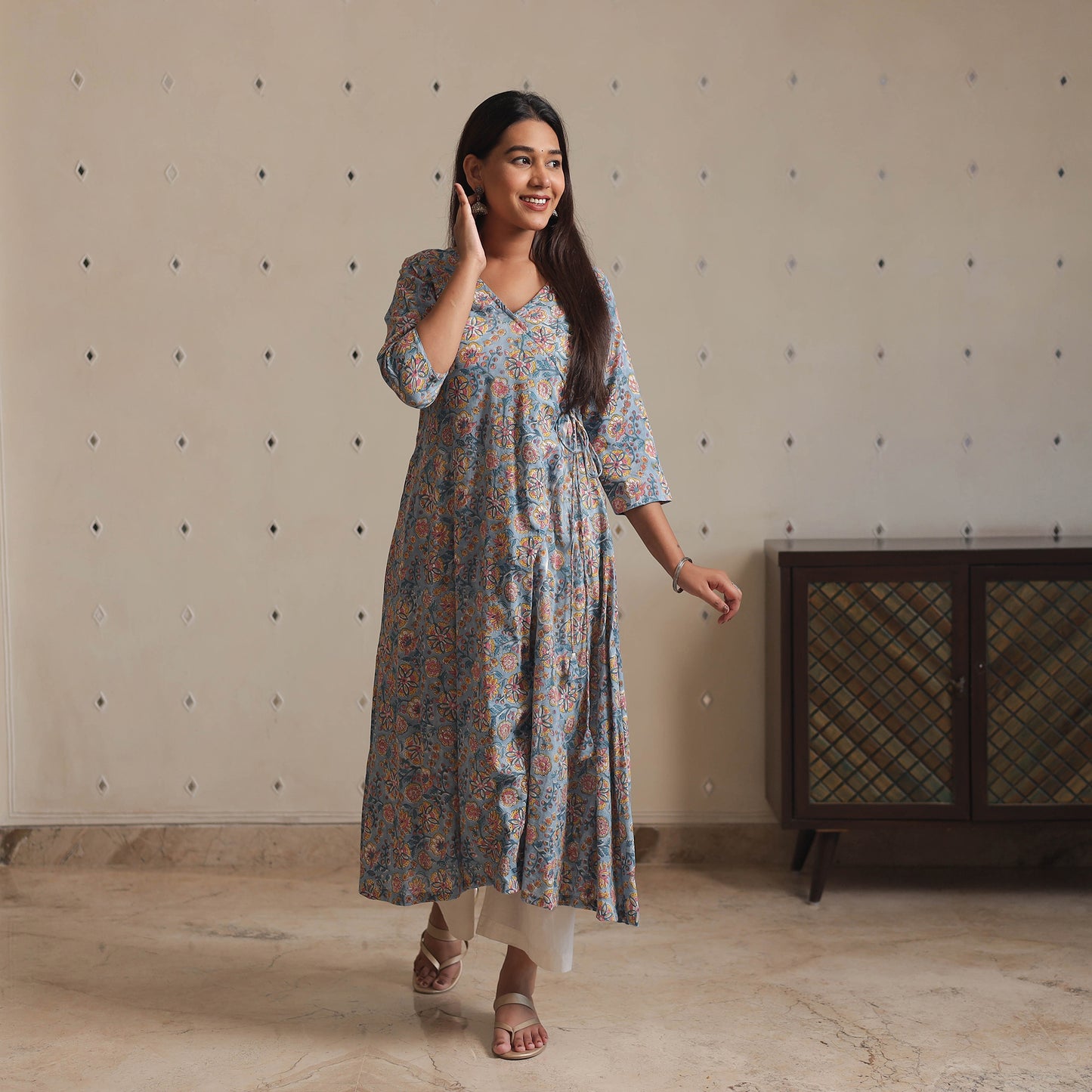 Light Blue - Sanganeri Block Printed Mul Cotton A-Line Kurta