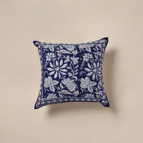 Blue - cotton sanganeri floral cushion cover (16 x 16 in)