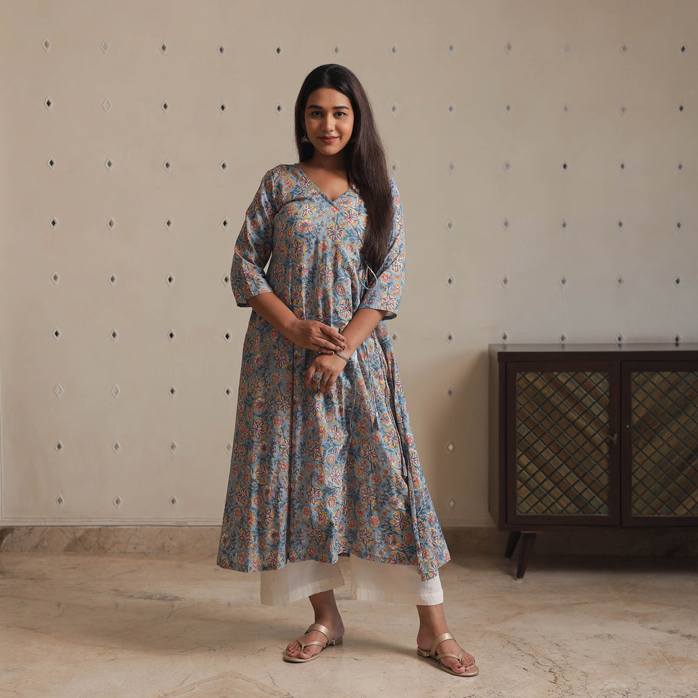 Light Blue - Sanganeri Block Printed Mul Cotton A-Line Kurta