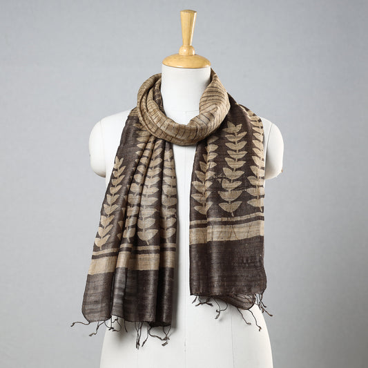 Brown - Bindaas Block Printed Natural Dyed Tussar Silk Handloom Stole