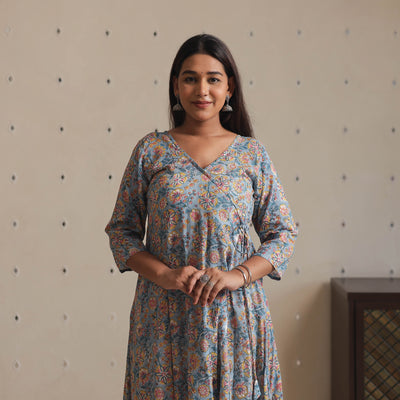 Light Blue - Sanganeri Block Printed Mul Cotton A-Line Kurta