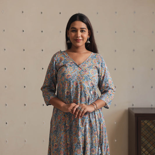 Light Blue - Sanganeri Block Printed Mul Cotton A-Line Kurta