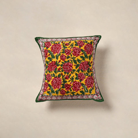 Yellow - cotton sanganeri floral cushion cover (16 x 16 in)