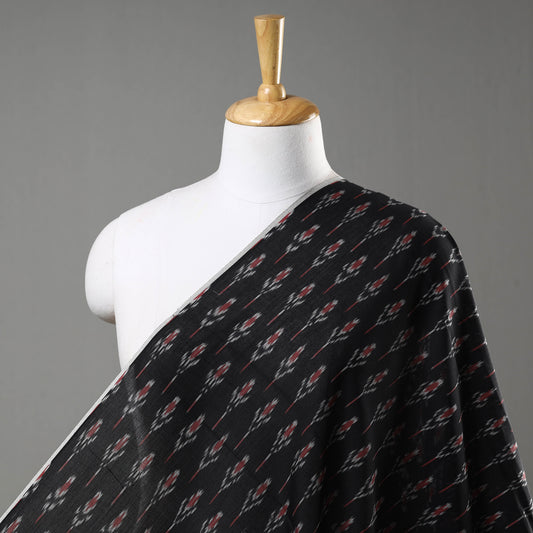 Floral Motifs On Jet Black Pochampally Ikat Weave Cotton Handloom Fabric