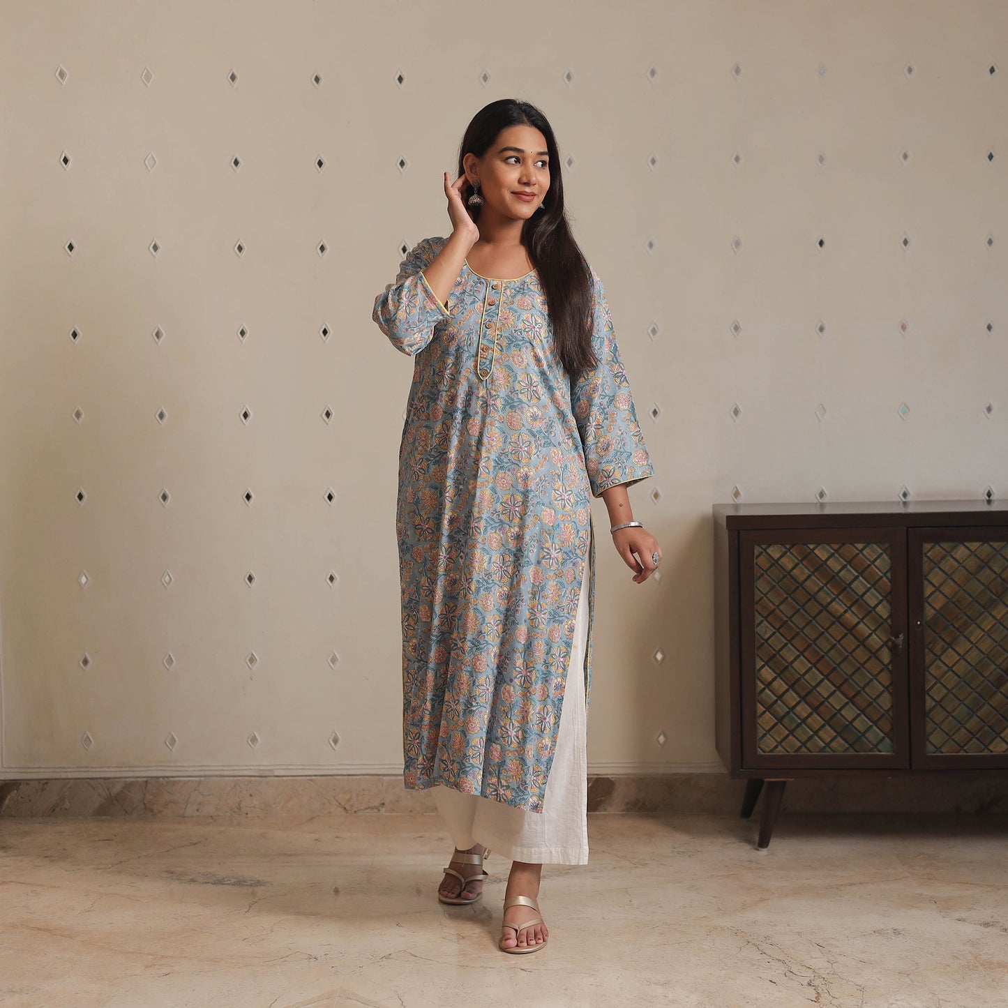 Blue - Sanganeri Block Printed Cotton Long Straight Kurta