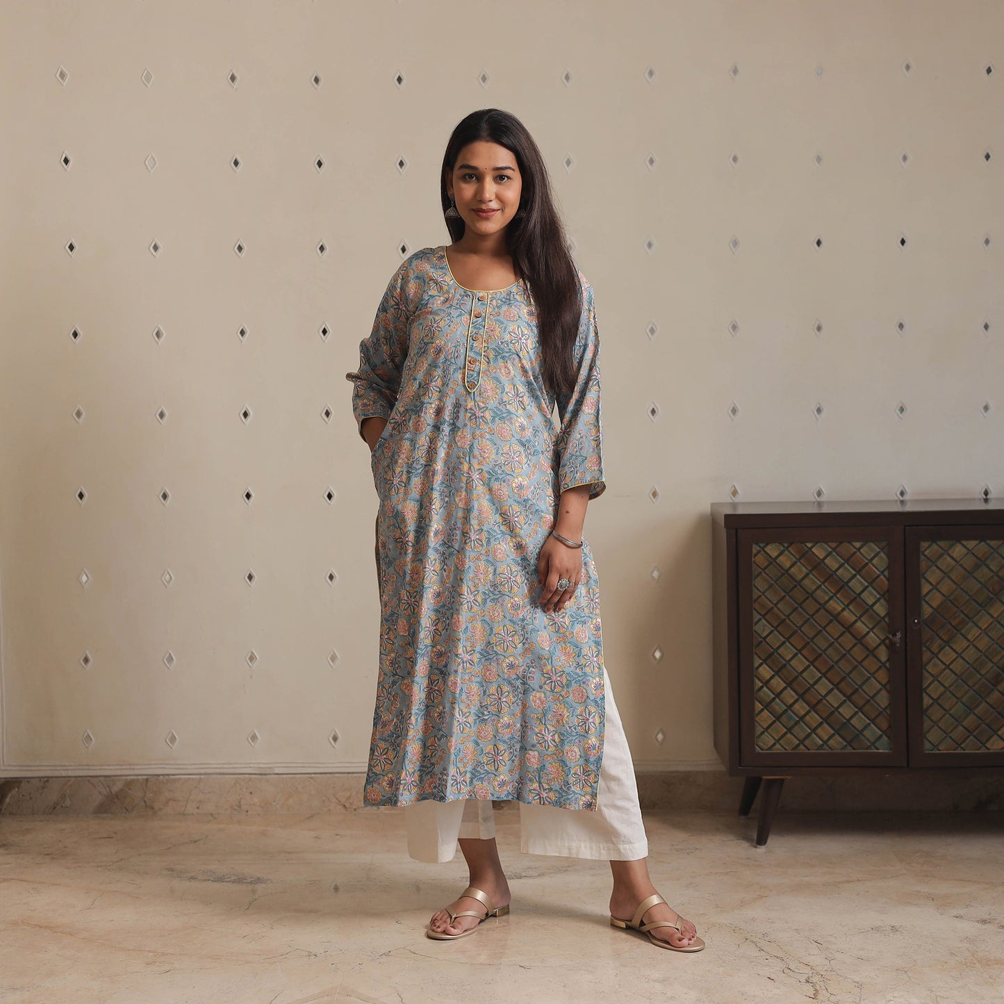 Blue - Sanganeri Block Printed Cotton Long Straight Kurta