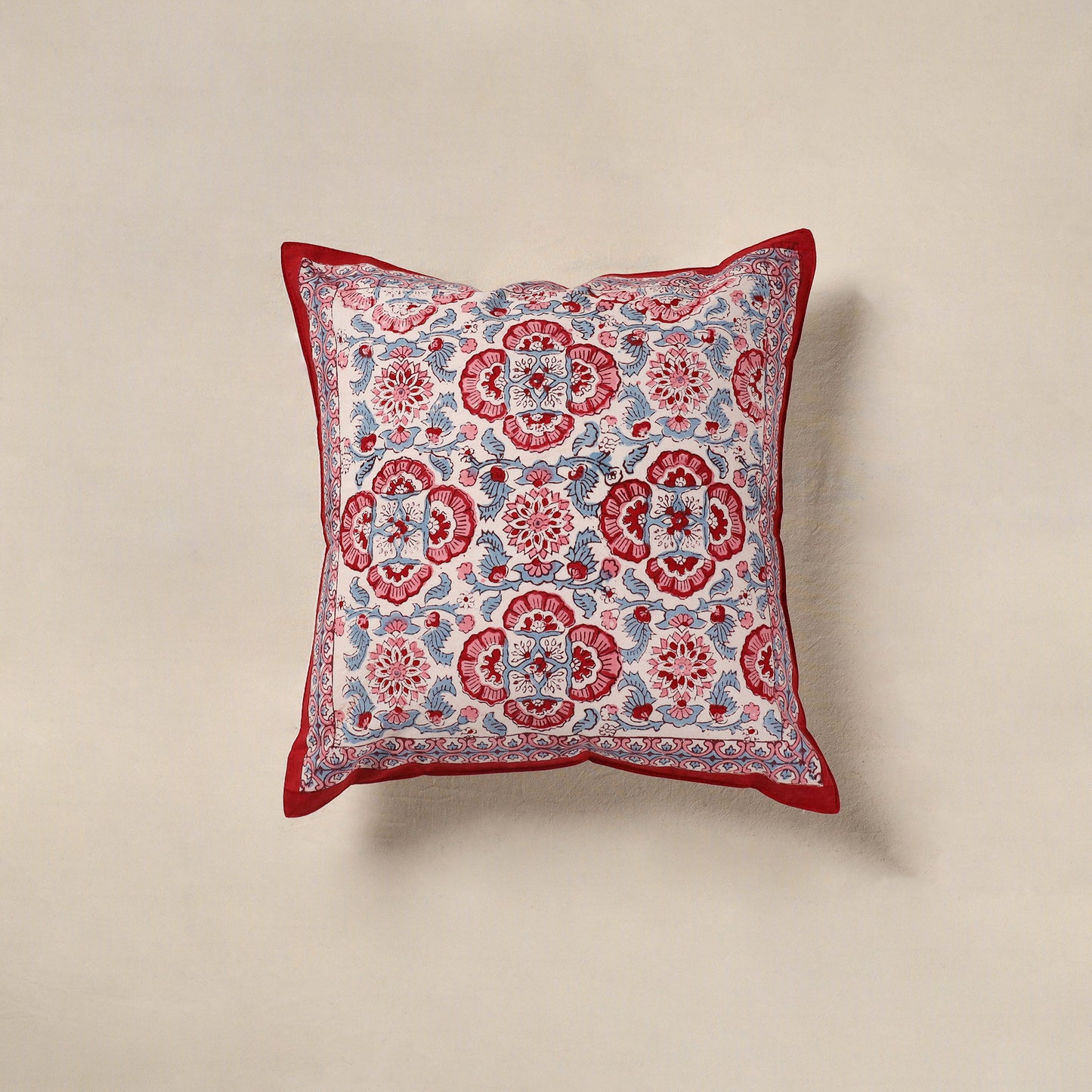 Red - cotton sanganeri floral cushion cover (16 x 16 in) 07